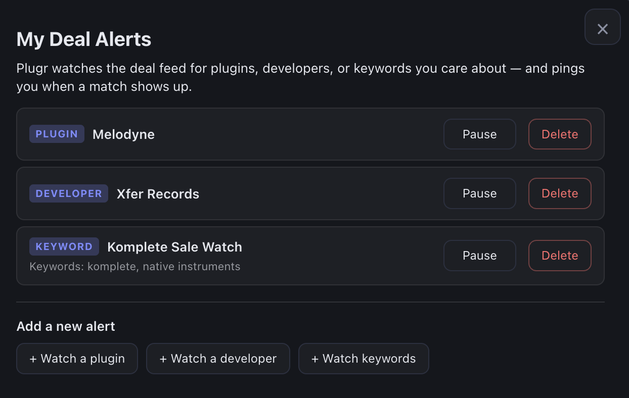 Plugr 'My Deal Alerts' management modal showing watches for plugins, developers, and keywords